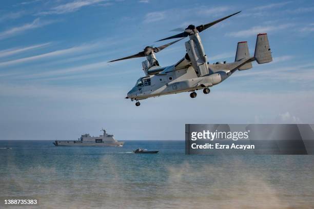 Marine OV-22 Osprey aircraft takes off as US and Philippine marines take part in a joint amphibious assault exercise as part of the annual...