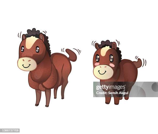 cute cartoon horse and her cub foal vector illustration - pony express stock illustrations