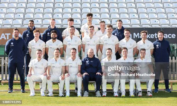 The First team pose in County Championship White kit during the Derbyshire County Cricket Club Photocall at The Incora County Ground on March 31,...
