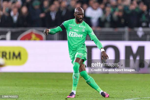 Eliaquim Mangala of Saint-Etienne looks to bring the ball down during the Ligue 1 Uber Eats match between AS Saint-Etienne and ESTAC Troyes at Stade...