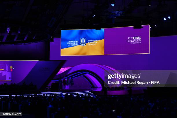 Ukraine flag is displayed on the screen following a video from Andriy Pavelko, President of Ukrainian Association of Football during the 72nd FIFA...