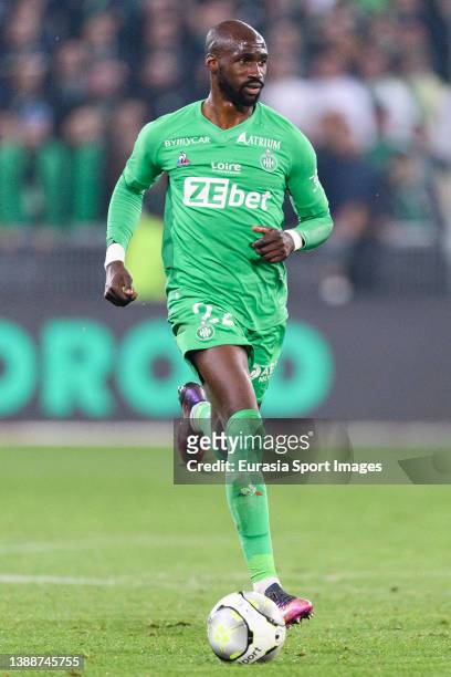 Eliaquim Mangala of Saint-Etienne controls the ball during the Ligue 1 Uber Eats match between AS Saint-Etienne and ESTAC Troyes at Stade...