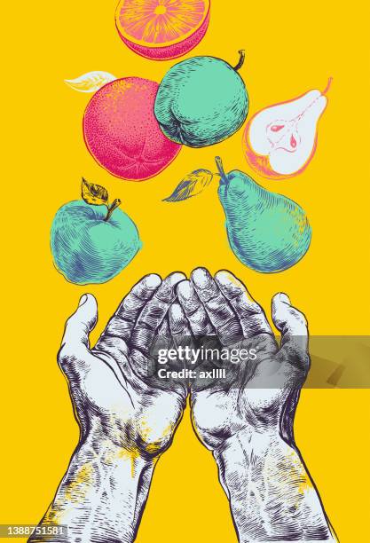 ilustrações de stock, clip art, desenhos animados e ícones de hands catch fruits screen printing woodcut - agricultural activity