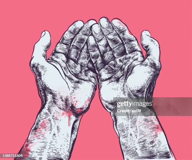 protective hands woodcut screen printing - vintage stock illustrations stock illustrations