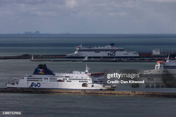 Three P&O ferries, the Pride of Kent, , the Pride of Canterbury and the Spirit of Britain, are moored at the Port of Dover on March 31, 2022 in...