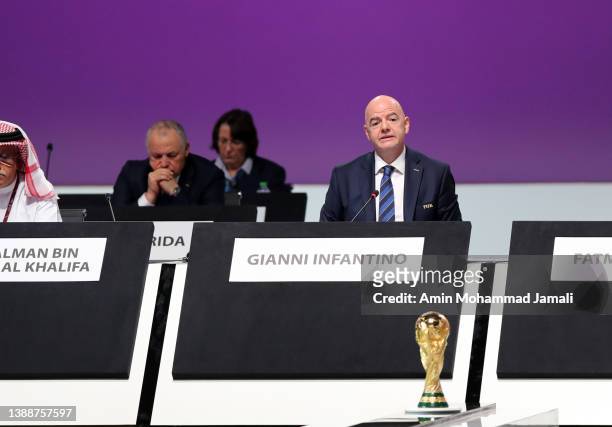 Gianni Infantino, FIFA President talks during the 72nd FIFA Congress at the Doha Exhibition and Convention Center on March 31, 2022 in Doha, Qatar.