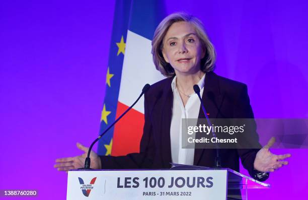 French right-wing party 'Les Republicains' presidential candidate Valerie Pecresse delivers a speech during a press conference to present what would...