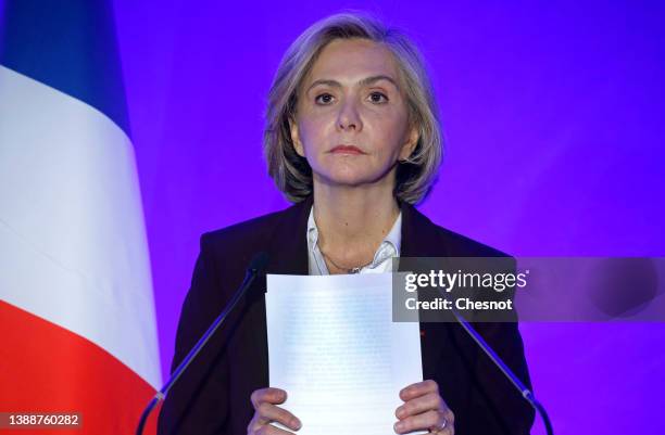 French right-wing party 'Les Republicains' presidential candidate Valerie Pecresse delivers a speech during a press conference to present what would...