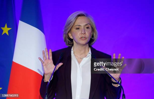 French right-wing party 'Les Republicains' presidential candidate Valerie Pecresse delivers a speech during a press conference to present what would...