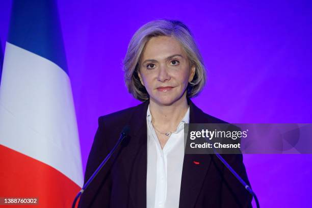 French right-wing party 'Les Republicains' presidential candidate Valerie Pecresse delivers a speech during a press conference to present what would...