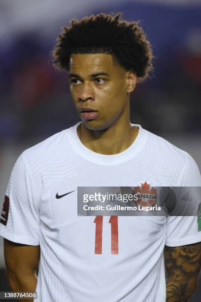 Tajon Buchanan of Canada looks on before a match Panama and Canada as part of Concacaf 2022 FIFA World Cup Qualifiers at Rommel Fernandez Stadium on...