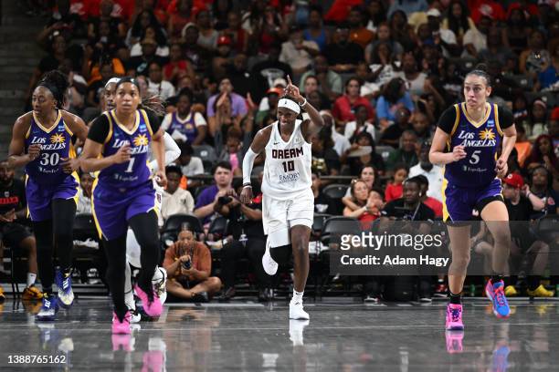 Rhyne Howard of the Atlanta Dream celebrates during the game against the Los Angeles Sparks on July 2, 2023 at Gateway Center Arena at College Park...