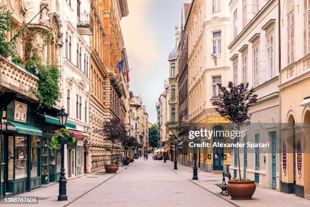 vaci utca street with shopping in restaurants in budapest, hunagry - budapest fotografías e imágenes de stock