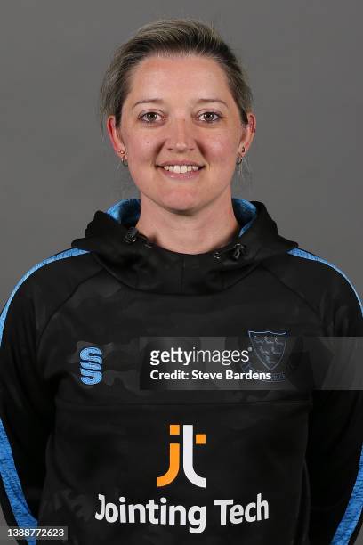 Sussex Wicket Keeping Coach, Sarah Taylor poses for a photo during the Sussex CCC Photocall at The 1st Central County Ground on March 31, 2022 in...