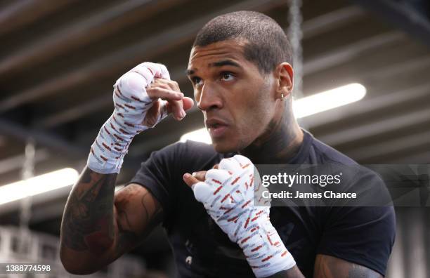 Conor Benn shadow boxes during the Conor Benn Media workout at The Matchroom Gym on March 31, 2022 in London, England.