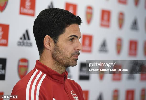 Arsenal manager Mikel Arteta attends a press conference at London Colney on March 31, 2022 in St Albans, England.