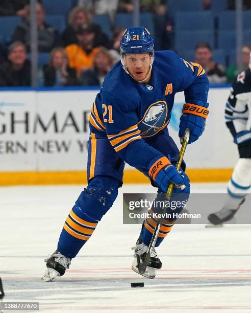 Kyle Okposo of the Buffalo Sabres during the game against the Winnipeg Jets at KeyBank Center on March 30, 2022 in Buffalo, New York.