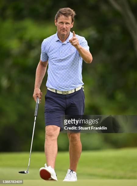 Teddy Sheringham plays a shot during the pro-am at Constance Belle Mare Plage on March 31, 2022 in Port Louis, Mauritius.