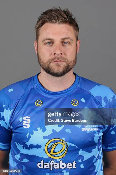 Luke Wright of Sussex Sharks poses for a photo in the Vitality Blast T20 kit during the Sussex CCC Photocall at The 1st Central County Ground on...