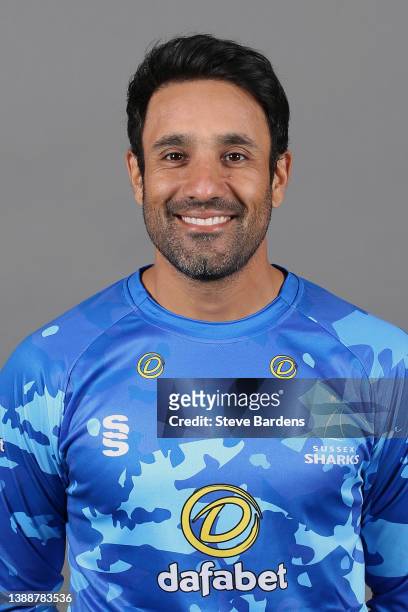Ravi Bopara of Sussex Sharks poses for a photo in the Vitality Blast T20 kit during the Sussex CCC Photocall at The 1st Central County Ground on...