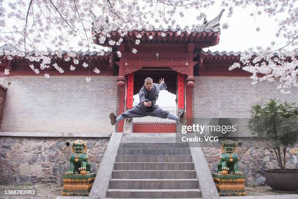 Monk practices Kung Fu underneath blooming cherry blossoms at Shaolin Temple on March 30, 2022 in Dengfeng, Zhengzhou City, Henan Province of China.