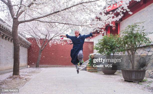 Monk practices Kung Fu underneath blooming cherry blossoms at Shaolin Temple on March 30, 2022 in Dengfeng, Zhengzhou City, Henan Province of China.