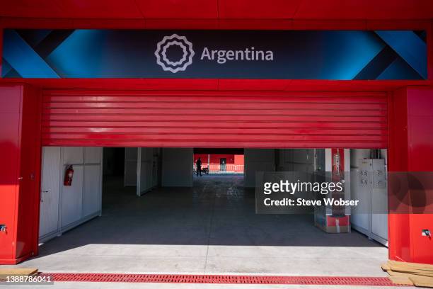 View of empty boxes ahead of the MotoGP of Argentina at the Autódromo Termas de Río Hondo on March 31, 2022 in Termas de Rio Hondo, Argentina. The...