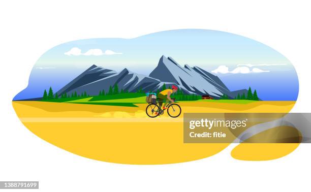 ilustraciones, imágenes clip art, dibujos animados e iconos de stock de la aventura de un joven montado con sus mochilas y equipos al pie de una montaña. - bicicleta montaña