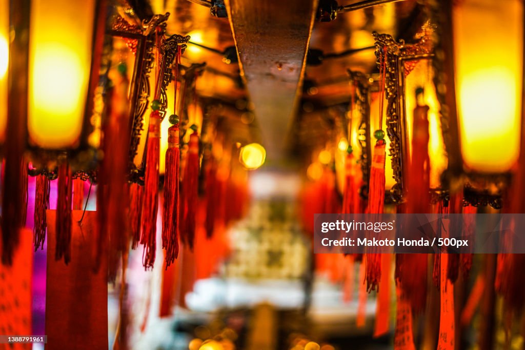 Hong Kong Man Mo Temple,Close-up of illuminated lanterns hanging in temple