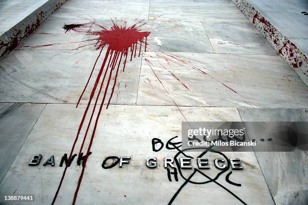 The Headquarters of the Bank of Greece are vandalised following violent protests which took place against the Government's austerity plans, February...