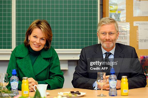 Belgium's Princess Mathilde and Crown Prince Philippe visit on February 13, 2012 the Sint Pieters instituut Zevendonk, BLOOS-project , in Turnhout....