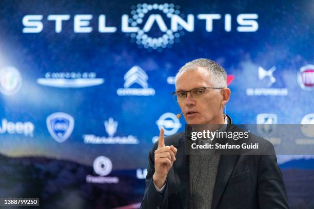 Carlos Tavares, CEO Of Stellantis speaks with journalist during the Press Conference After Meeting Workers on March 31, 2022 in Turin, Italy.