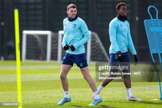 Ryan Christie and Jamal Lowe of Bournemouth during a training session at the Vitality Stadium on March 31, 2022 in Bournemouth, England.