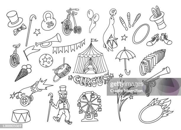 zirkus doodle set - stunt stock-grafiken, -clipart, -cartoons und -symbole