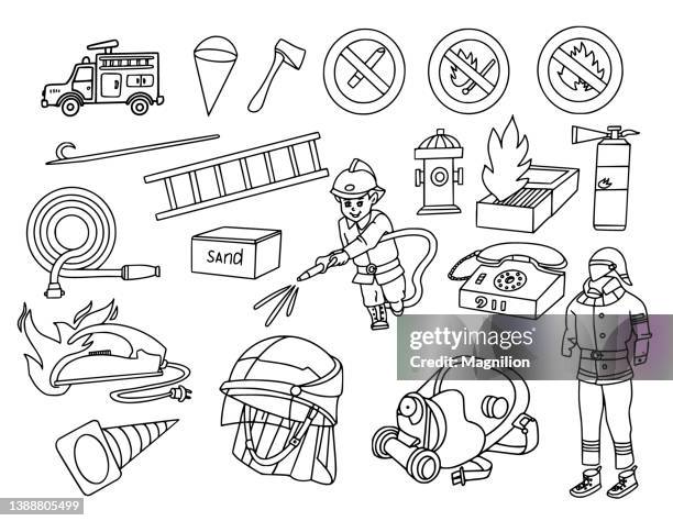 ilustrações de stock, clip art, desenhos animados e ícones de fire department doodles set - corpo de bombeiros