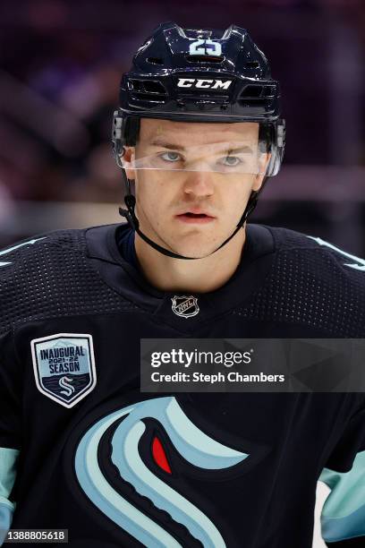 Karson Kuhlman of the Seattle Kraken warms up before the game against the Vegas Golden Knights at Climate Pledge Arena on March 30, 2022 in Seattle,...