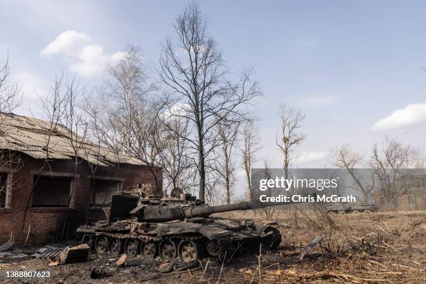 Destroyed Russian tank is seen at a position on March 31, 2022 in Malaya Rohan, Ukraine. A Ukrainian commander said last Friday that his forces had...