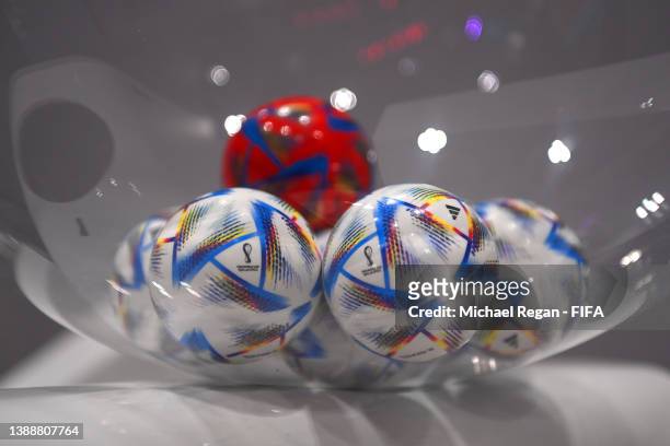 View of the draw balls ahead of the 72nd FIFA World Cup Qatar 2022 Final Draw on March 31, 2022 in Doha, Qatar.