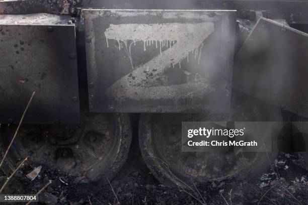 The letter "Z" is seen on a burnt, destroyed Russian tank on March 31, 2022 in Malaya Rohan, Ukraine. A Ukrainian commander said last Friday that his...