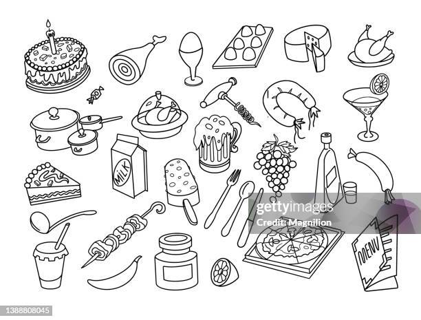 food and cooking doodles set - tropical fruit compote stock illustrations