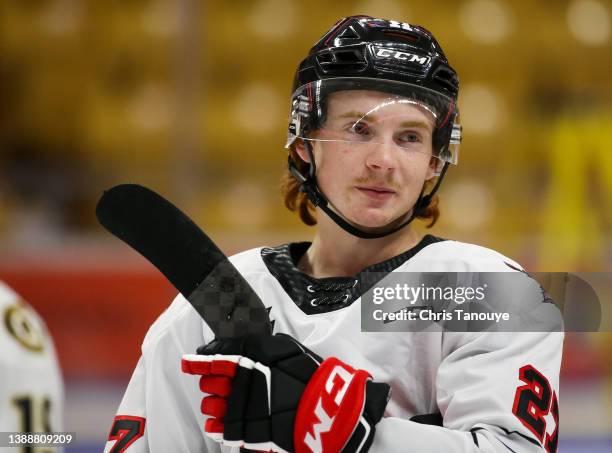 Jagger Firkus of Team White skates during morning skate prior to the 2022 CHL/NHL Top Prospects Game at Kitchener Memorial Auditorium on March 23,...