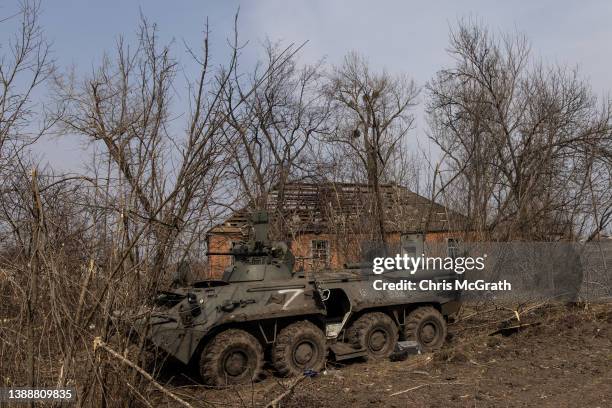 Destroyed Russian military vehicle is seen in a position on March 31, 2022 in Malaya Rohan, Ukraine. A Ukrainian commander said last Friday that his...