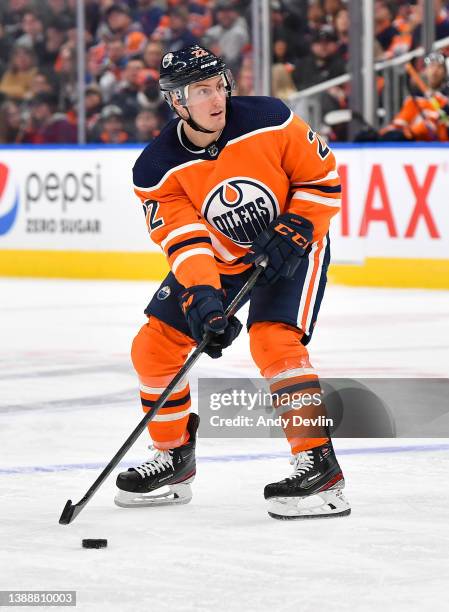 March 30: Tyson Barrie of the Edmonton Oilers skates during the game against the Los Angeles Kings on March 30, 2022 at Rogers Place in Edmonton,...