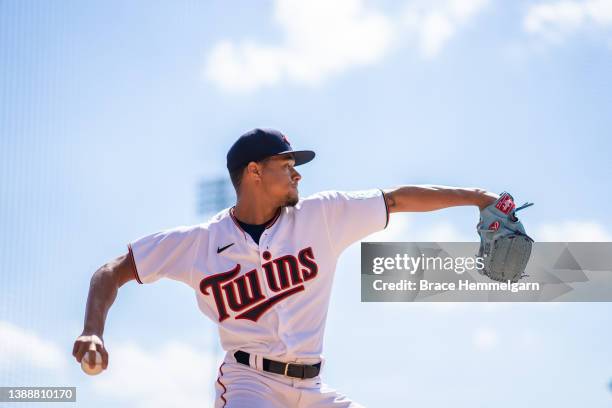 Chris Archer of the Minnesota Twins pitches in the bullpen prior to a spring training game against the Pittsburgh Pirates on March 30, 2022 at the...