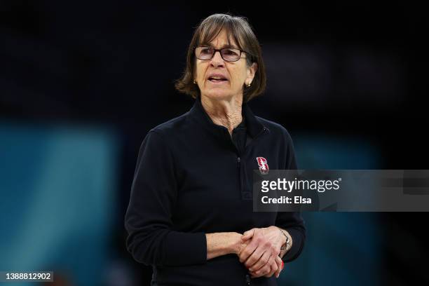Head coach Tara VanDerveer of the Stanford Cardinal looks on during a practice session with the team at Target Center on March 31, 2022 in...