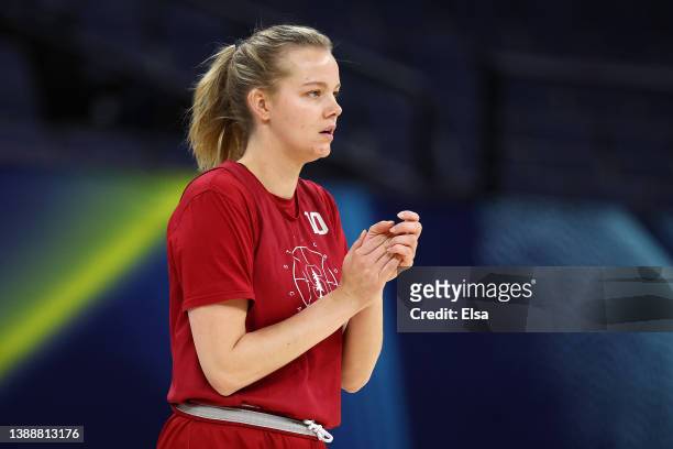 Alyssa Jerome of the Stanford Cardinal looks on during a practice session with the team at Target Center on March 31, 2022 in Minneapolis, Minnesota....