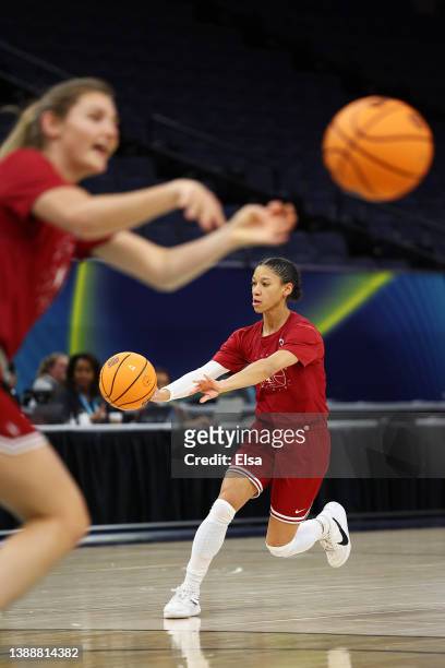 Anna Wilson of the Stanford Cardinal passes the ball during a practice session with the team at Target Center on March 31, 2022 in Minneapolis,...