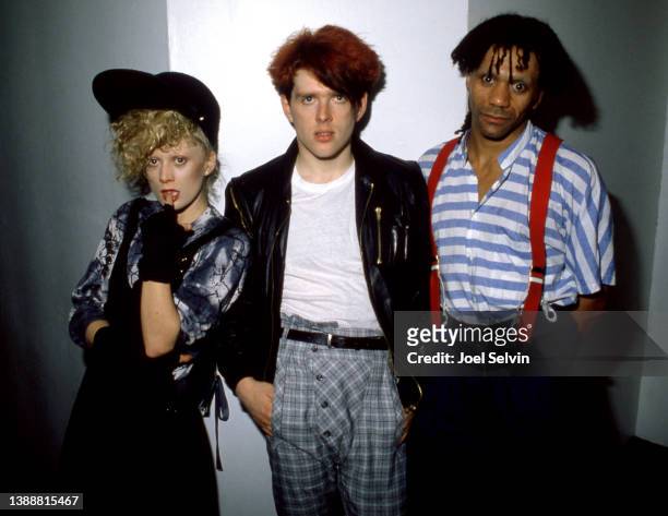 Drummer Alannah Currie, singer and guitarist Tom Bailey and congas and vocalist Joe Leeway, of the British pop band The Thompson Twins, pose for a...