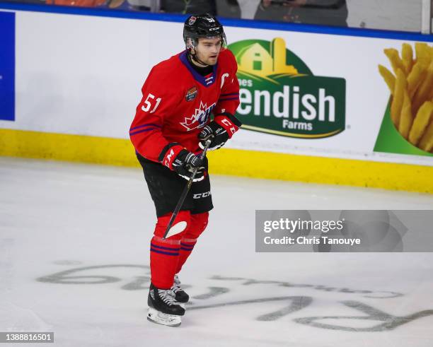 Shane Wright of Team Red skates against Team White in the 2022 CHL/NHL Top Prospects Game at Kitchener Memorial Auditorium on March 23, 2022 in...