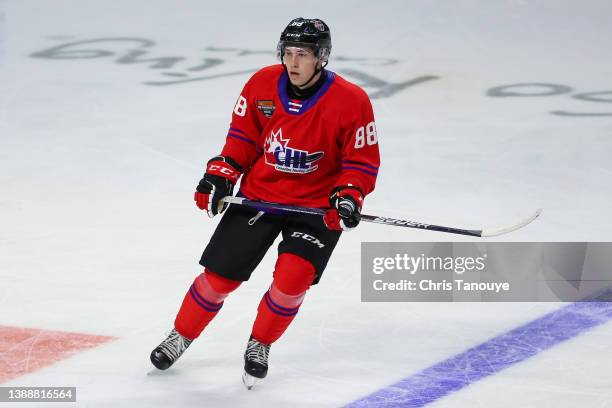 David Goyette of Team Red skates against Team White in the 2022 CHL/NHL Top Prospects Game at Kitchener Memorial Auditorium on March 23, 2022 in...